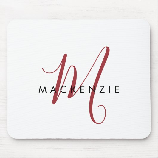 Elegante Moderne Witte Rode Script Monogram Muismat (Voorkant)