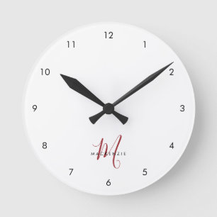 Elegante Moderne Witte Rode Script Monogram Ronde Klok