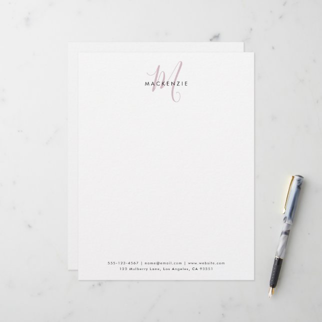 Elegante Moderne Witte Roze Script Monogram Briefhoofd (Voorkant / Achterkant in situ)