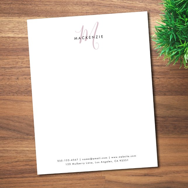 Elegante Moderne Witte Roze Script Monogram Briefhoofd (Creator heeft geüpload)