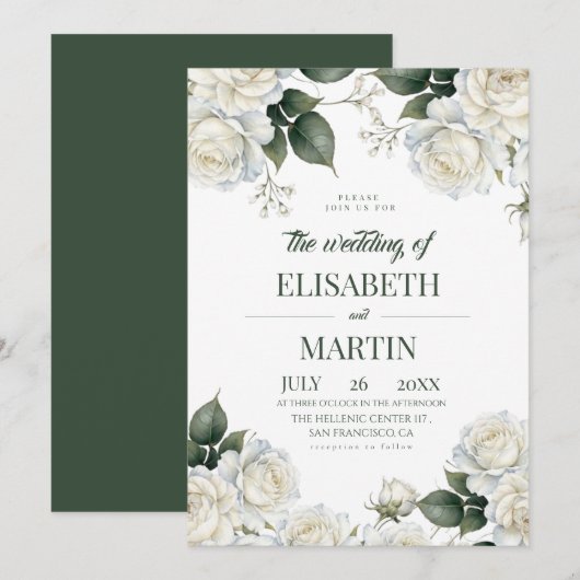 Elegante moderne witte rozen bloemstuk bruiloft kaart (Voorkant / Achterkant)