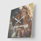 elegante moderne witte script foto jubileum vierkante klok (Hoek)