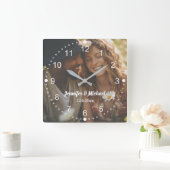 elegante moderne witte script foto jubileum vierkante klok (Huis)