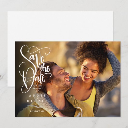 Elegante moderne witte script foto save the date (Voorkant / Achterkant)