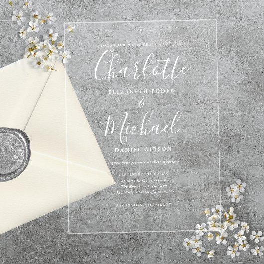 Elegante moderne witte signature script bruiloft acryl uitnodigingen