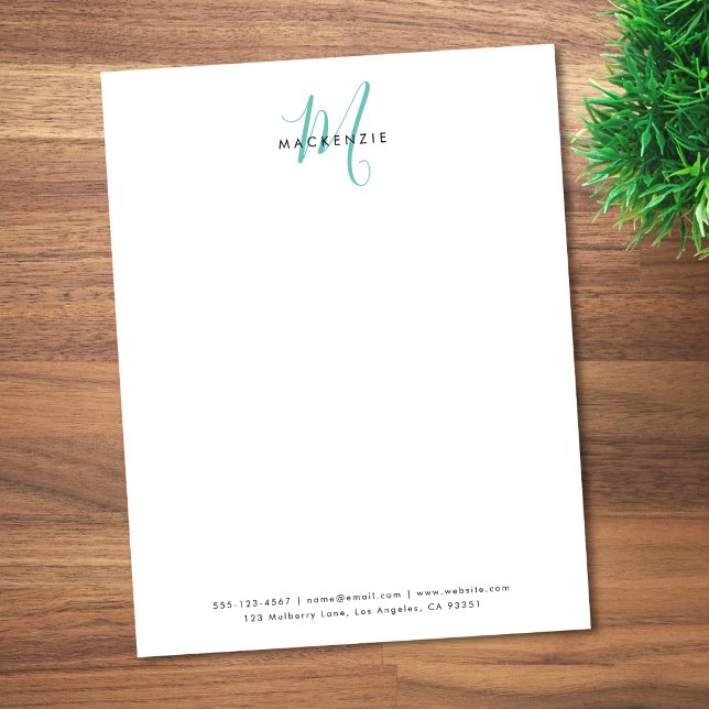 Elegante Moderne Witte Teal Script Monogram Briefhoofd (Creator heeft geüpload)