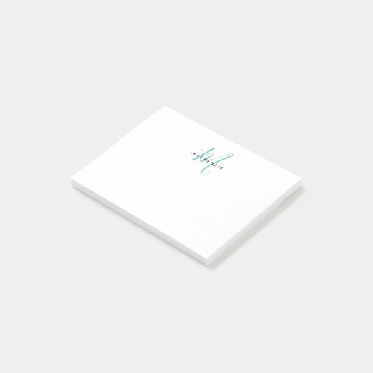 Elegante Moderne Witte Teal Script Monogram Post-it® Notes (Schuin)