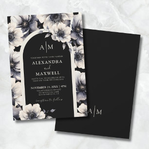 Elegante Moderne Witte Zwarte Bloemige Bruiloft Kaart