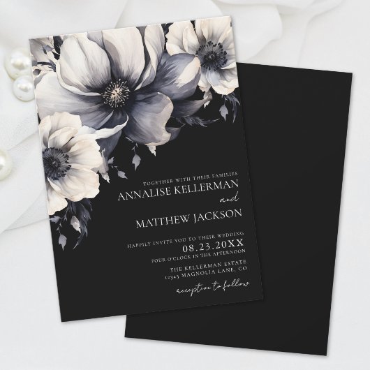 Elegante Moderne Witte Zwarte Bloemige Bruiloft Kaart