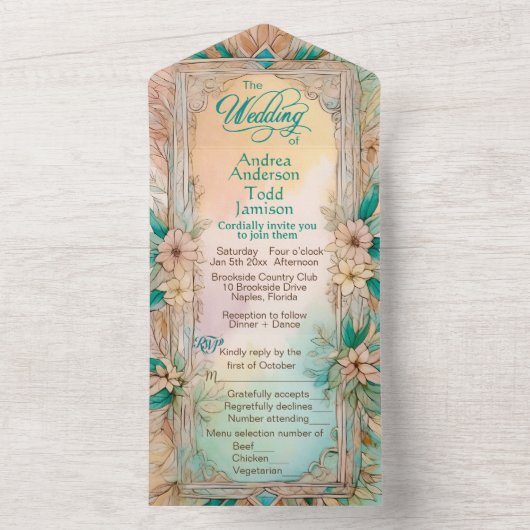 Elegante moderne zacht bloemige waterverf bruiloft all in one uitnodiging (Binnen)