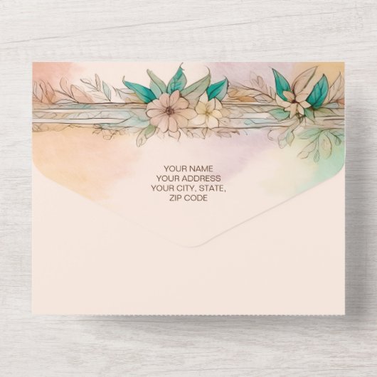 Elegante moderne zacht bloemige waterverf bruiloft all in one uitnodiging (Achterkant)