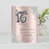 Elegante Moderne Zilveren Druppels Ballon Sweet 16 Kaart (Staand voorkant)