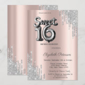 Elegante Moderne Zilveren Druppels Ballon Sweet 16 Kaart (Voorkant / Achterkant)