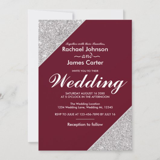 Elegante moderne zilveren glitter op Bourgogne Kaart (Voorkant)