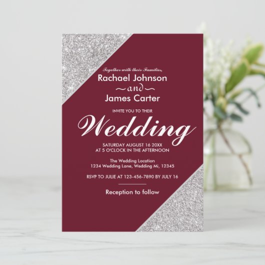 Elegante moderne zilveren glitter op Bourgogne Kaart (Staand voorkant)