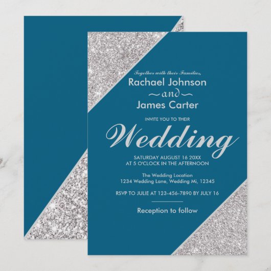 Elegante moderne zilveren glitter op oceaanblauw kaart (Voorkant / Achterkant)