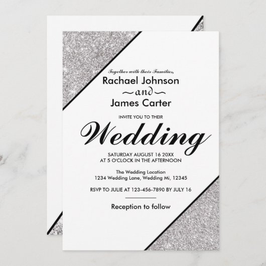 Elegante moderne zilveren glitter op witte achterg kaart (Voorkant / Achterkant)
