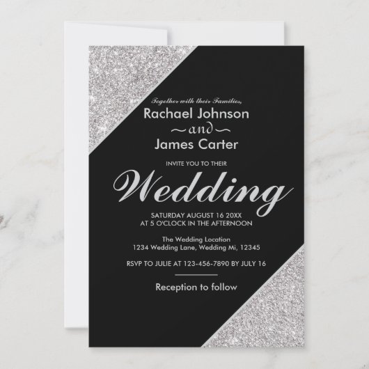 Elegante moderne zilveren glitter op zwart kaart (Voorkant)
