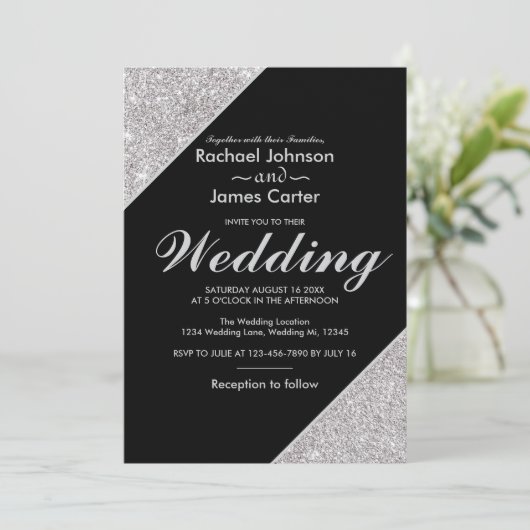 Elegante moderne zilveren glitter op zwart kaart (Staand voorkant)