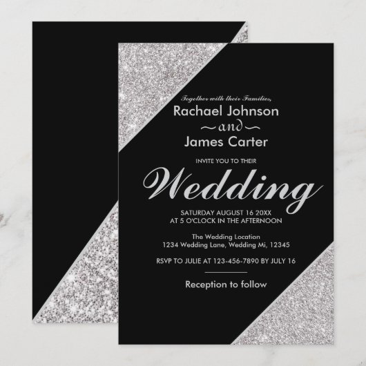 Elegante moderne zilveren glitter op zwart kaart (Voorkant / Achterkant)