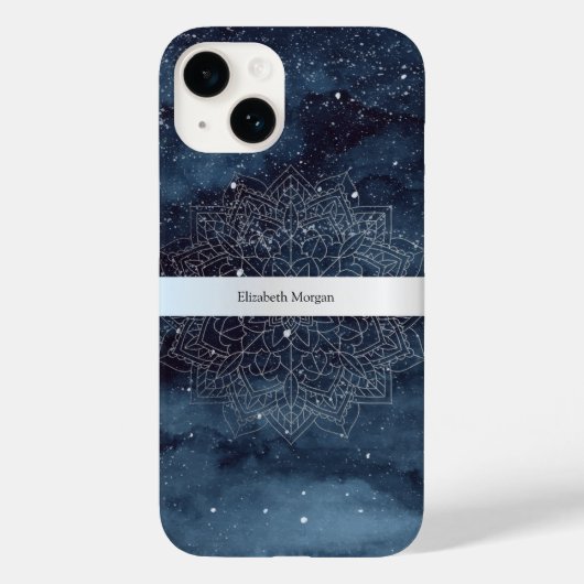 Elegante moderne zilveren mandala streep marinebla Case-Mate iPhone case (Achterkant)