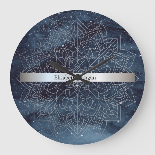 Elegante moderne zilveren mandala streep marinebla grote klok (Voorkant)