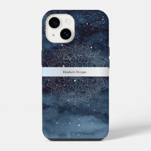 Elegante moderne zilveren mandala streep marinebla iPhone 14 hoesje