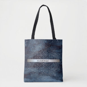 Elegante moderne zilveren mandala streep marinebla tote bag