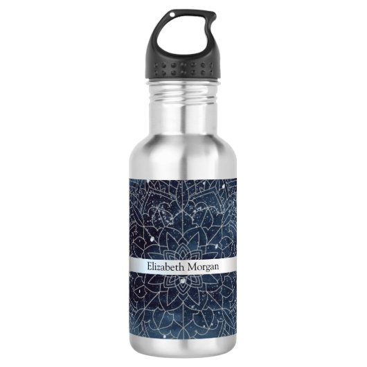 Elegante moderne zilveren mandala streep marinebla waterfles (Voorkant)