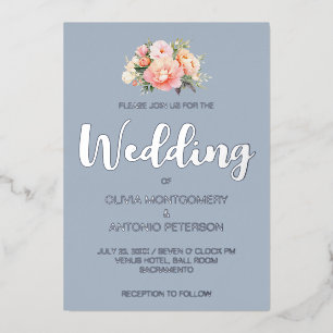 Elegante moderne zilveren roze pioen stoffige blau folie uitnodiging