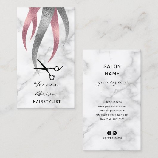 Elegante moderne zilveren & roze schaar haarstylis visitekaartje (Voorkant / Achterkant)