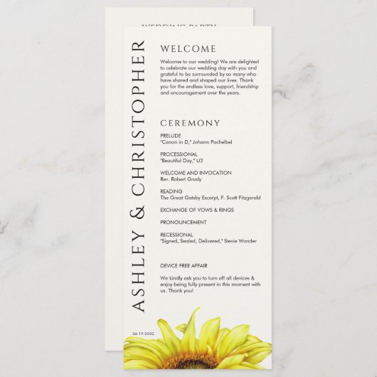 Elegante moderne zonnebloem bruiloft programmakaart (Voorkant / Achterkant)