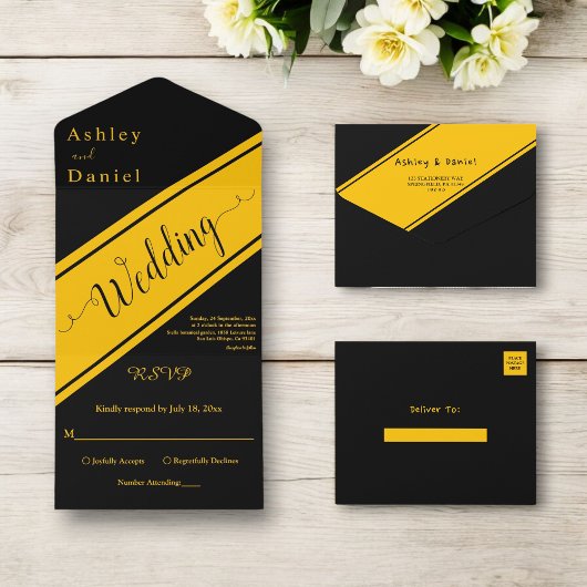 Elegante moderne zwart en goud Fancy chique bruilo All In One Uitnodiging