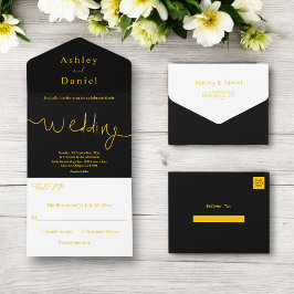 Elegante moderne zwart en goud minimale bruiloft all in one uitnodiging