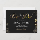 Elegante Moderne Zwart en Gouden Bloemen Aankondig Save The Date (Voorkant)