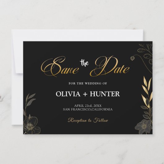 Elegante Moderne Zwart en Gouden Bloemen Aankondig Save The Date (Voorkant)
