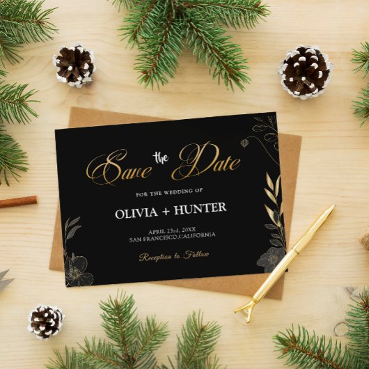 Elegante Moderne Zwart en Gouden Bloemen Aankondig Save The Date