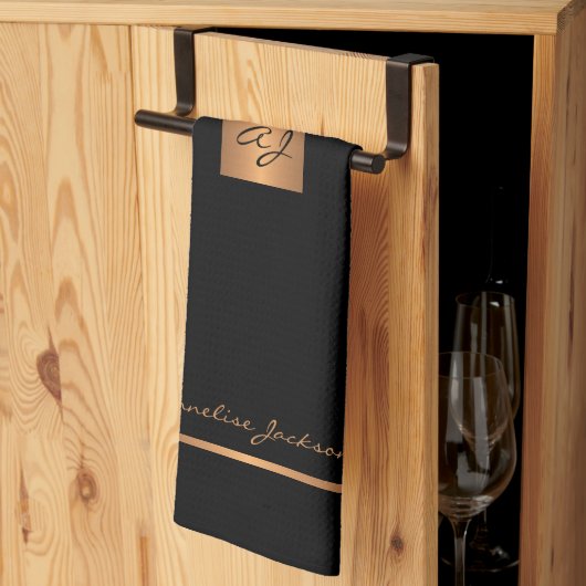 Elegante moderne zwart goud monogrammed theedoek (Derde Gevouwen)