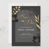 Elegante Moderne Zwart-Gouden Bloemen Foto Save The Date (Voorkant)