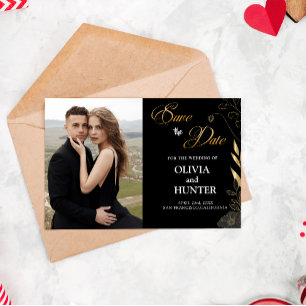 Elegante Moderne Zwart-Gouden Bloemen Fotokaart Save The Date