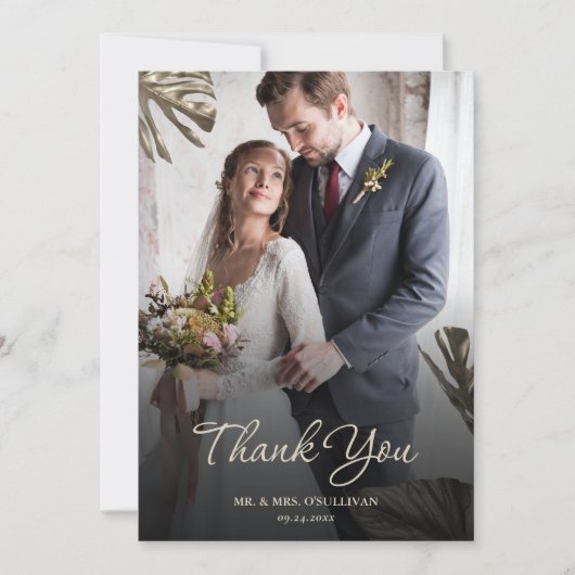 Elegante moderne zwart gouden botanische bruiloft  bedankkaart (Voorkant)