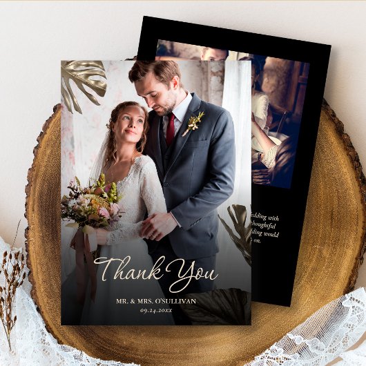 Elegante moderne zwart gouden botanische bruiloft  bedankkaart