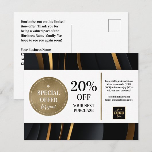 Elegante moderne zwart gouden coupon korting briefkaart (Voorkant / Achterkant)