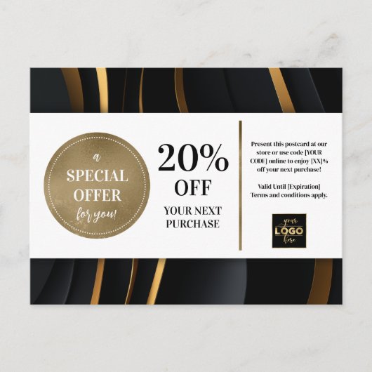 Elegante moderne zwart gouden coupon korting briefkaart (Voorkant)