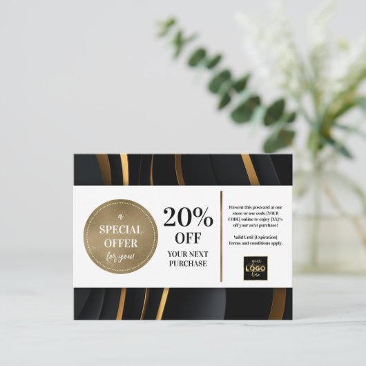 Elegante moderne zwart gouden coupon korting briefkaart (Staand voorkant)