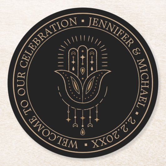 Elegante moderne zwart gouden mystieke bruiloft ronde kartonnen onderzetter (Voorkant)