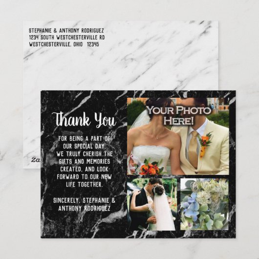 Elegante moderne zwart marmeren bruiloft dank u ka briefkaart (Voorkant / Achterkant)
