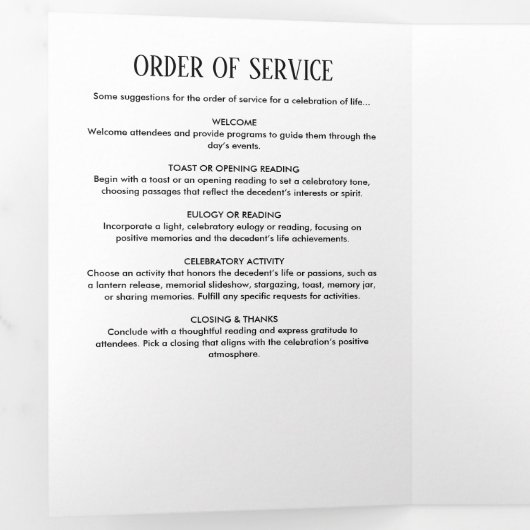 Elegante moderne zwart-wit 2-foto Memorial Drieluik Programma (Binnenzijde eerst)