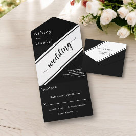 Elegante moderne zwart-wit chique bruiloft all in one uitnodiging