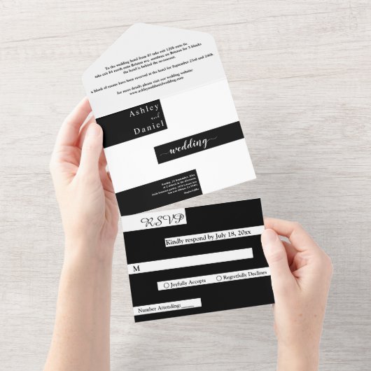 Elegante moderne zwart-wit chique bruiloft all in one uitnodiging (Afscheurbaar)